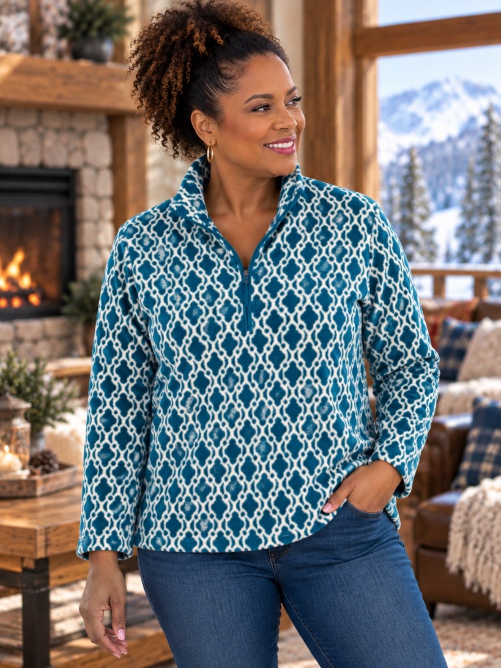 Lands’ End Women’s 2X Teal White Geometric Fleece Quarter Zip Pullover